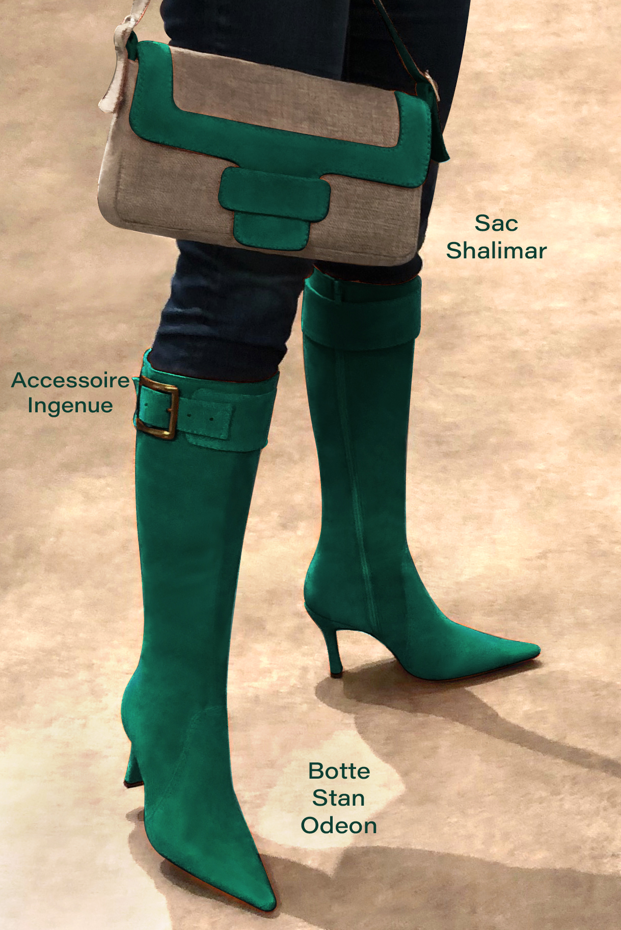 Emerald green women's feminine knee-high boots. Pointed toe. Very high spool heels. Made to measure. Worn view - Florence KOOIJMAN